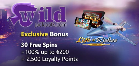 100% up to €200 + 30 Free Spins Welcome Bonus from WildJackpots Casino