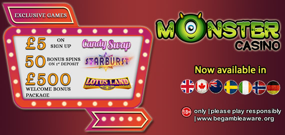 £5 FREE Sign Up Bonus + 500 Free Spins + £500 Welcome Bonus from Monster Casino